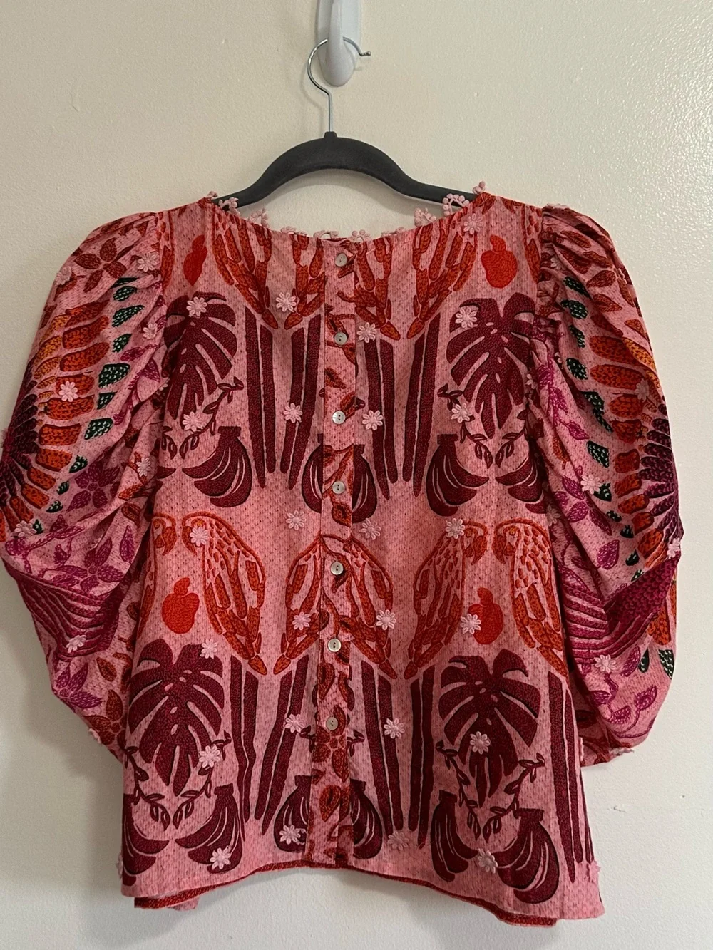 Farm Rio Puff Sleeve Blouse Pink Tropical Floral Print, Size Medium